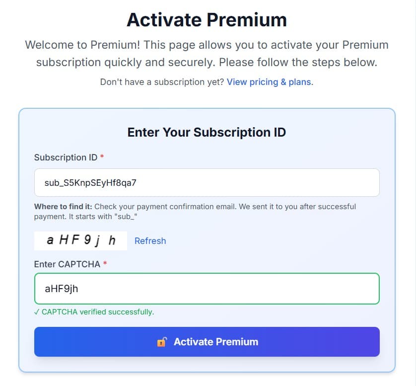 Activation page: Subscription ID field and Activate Premium button