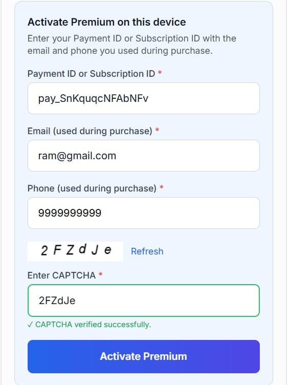 Manage Subscription page: activation form with Payment ID, email, phone, and Activate Premium button; FREEDOM plan success and validity dates